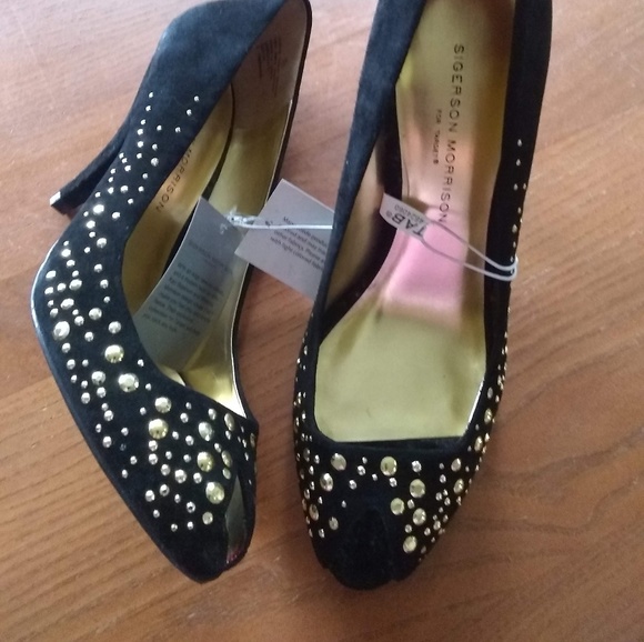 Sigerson Morrison Black Suede Divya Peep Toe Beaded Heels NWT Size 7.5 - Picture 7 of 14